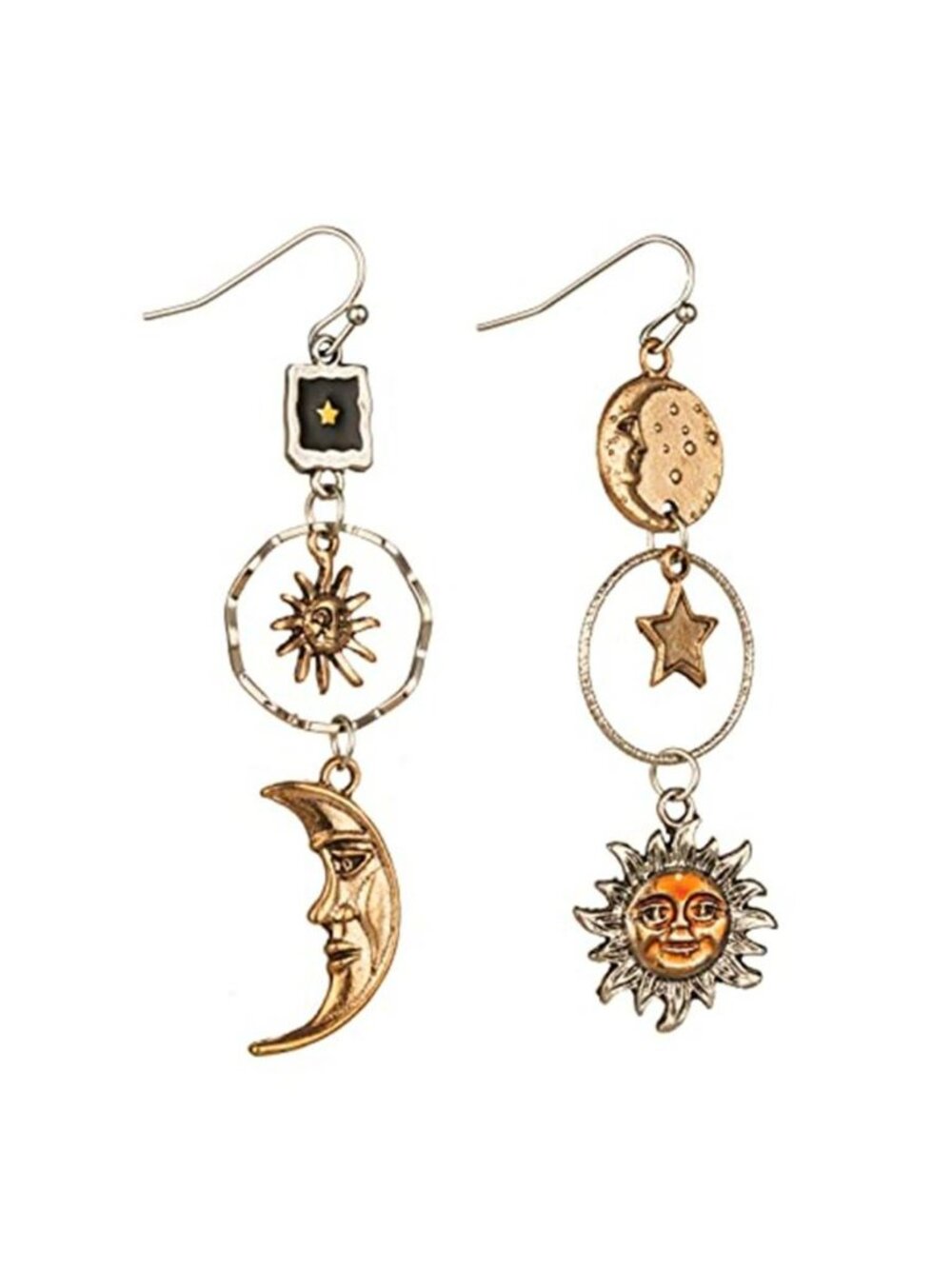 Vintage Sun Moon Star Dangle Earrings for Women, Greek Mythology Asymmetric